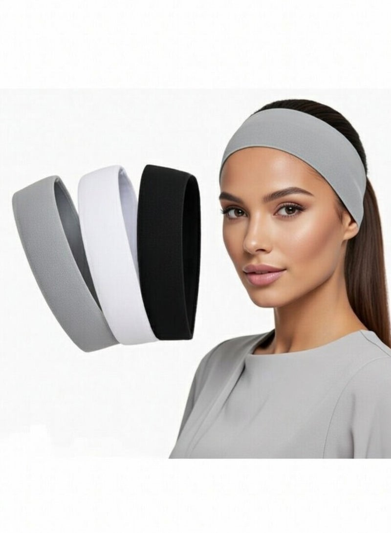 طقم 3 بندانا قطن مقاس 5 سم – أبيض وأسود ورمادي – ستريتش مريح ومضاد للانزلاق للرياضة والاستخدام اليومي - Image 1